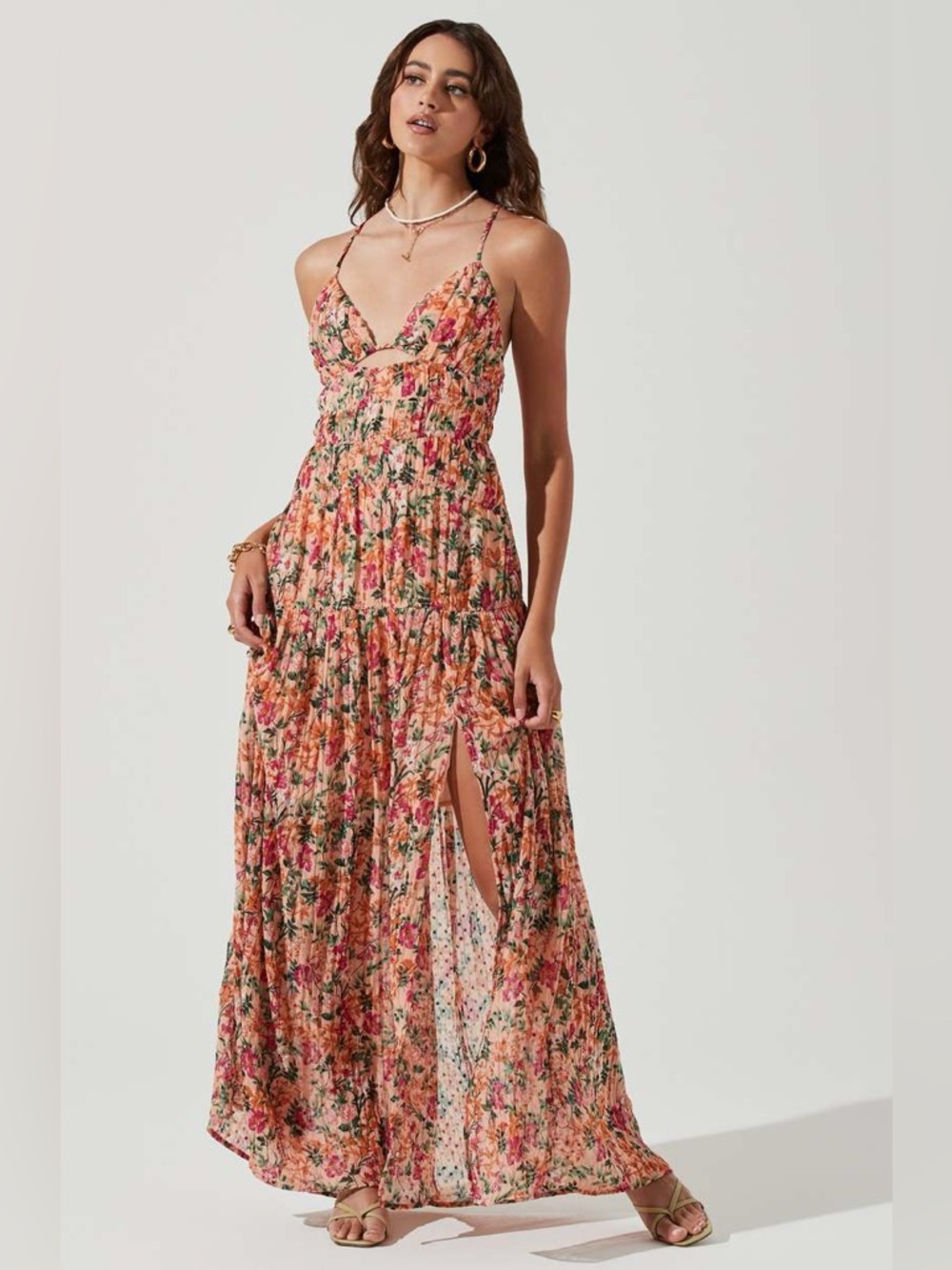 ASTR The Label Tropics Plunge Pleated Maxi Dress Floral Slit Medium